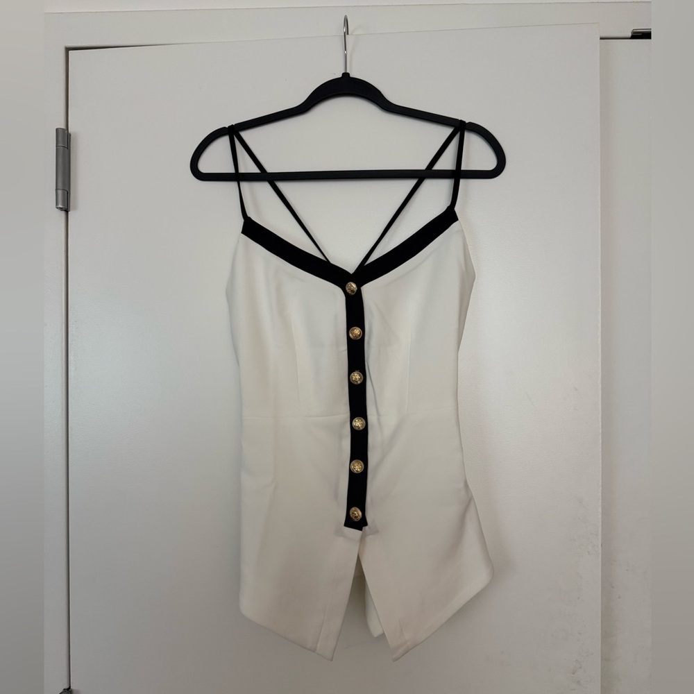 White Spaghetti Strap Top with Black Trim and Gold Buttons